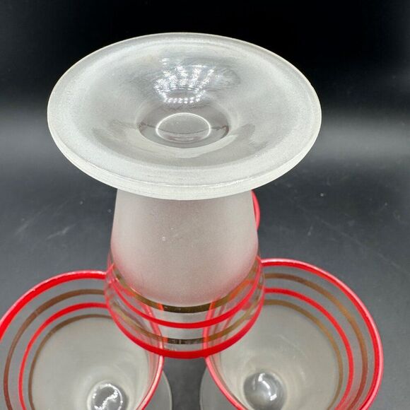 MCM Cordial Shot Glasses Frosted Footed Striped Red Gold Rimmed Set Vtg 1940s - Picture 12 of 12